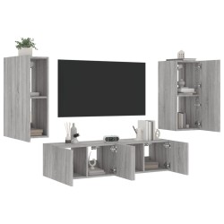 vidaXL Muebles TV pared con LED 4 pzas madera ingeniería gris Sonoma