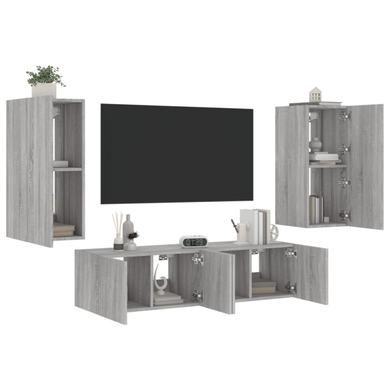 vidaXL Muebles TV pared con LED 4 pzas madera ingeniería gris Sonoma