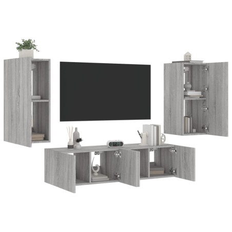 vidaXL Muebles TV pared con LED 4 pzas madera ingeniería gris Sonoma