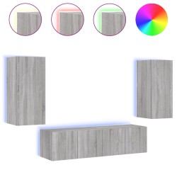 vidaXL Muebles TV pared con LED 4 pzas madera ingeniería gris Sonoma
