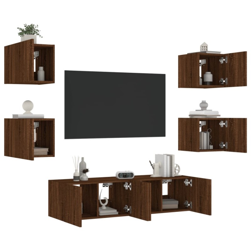 vidaXL Muebles TV pared con LED 6 pzas madera ingeniería marrón roble vidaXL Muebles TV pared con LED 6 pzas madera ingeniería marrón roble