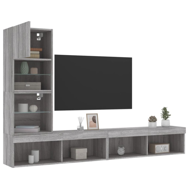 vidaXL Muebles TV pared con LED 4 pzas madera ingeniería gris Sonoma vidaXL Muebles TV pared con LED 4 pzas madera ingeniería gris Sonoma