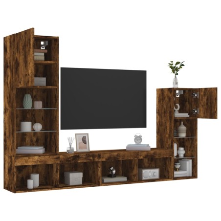 vidaXL Muebles TV pared con LED 4 pzas madera ingeniería roble ahumado