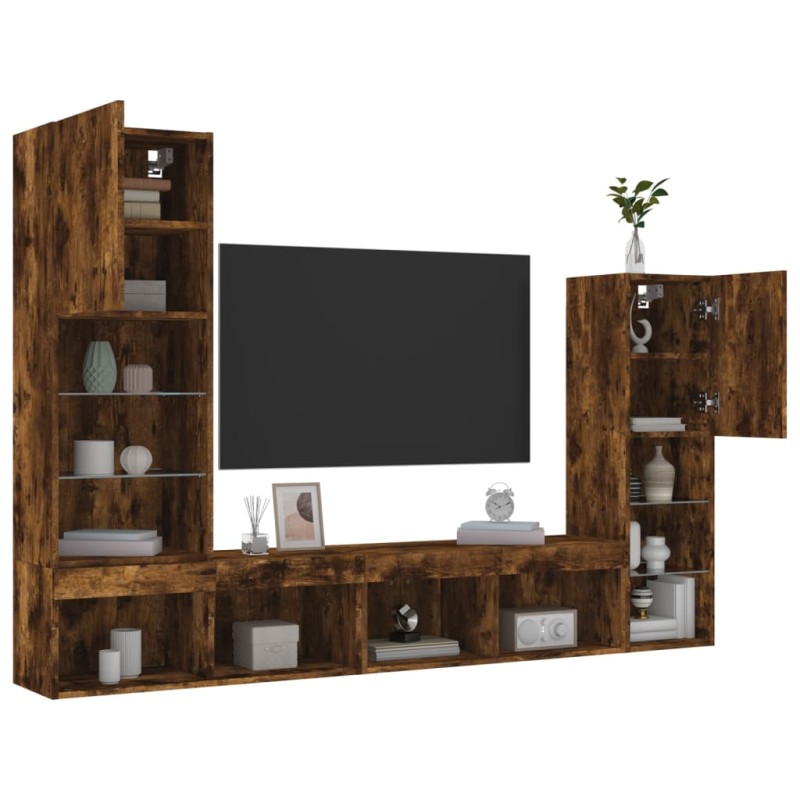 vidaXL Muebles TV pared con LED 4 pzas madera ingeniería roble ahumado vidaXL Muebles TV pared con LED 4 pzas madera ingeniería roble ahumado
