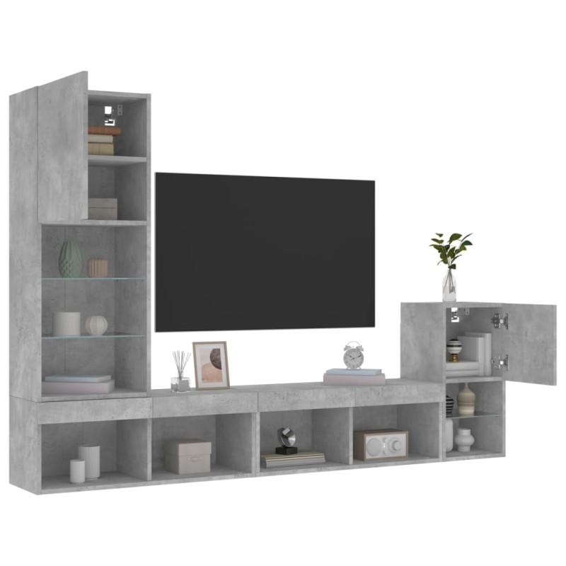 vidaXL Muebles TV pared con LED 4 pzas madera ingeniería gris hormigón vidaXL Muebles TV pared con LED 4 pzas madera ingeniería gris hormigón
