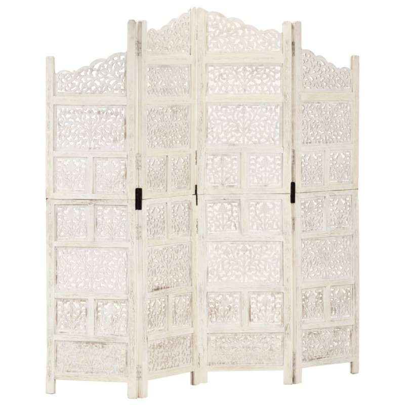 vidaXL Biombo 4 paneles tallado a mano madera mango blanco 160x165 cm vidaXL Biombo 4 paneles tallado a mano madera mango blanco 160x165 cm