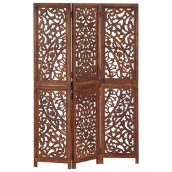 vidaXL Biombo 3 paneles tallado a mano madera mango marrón 120x165 cm