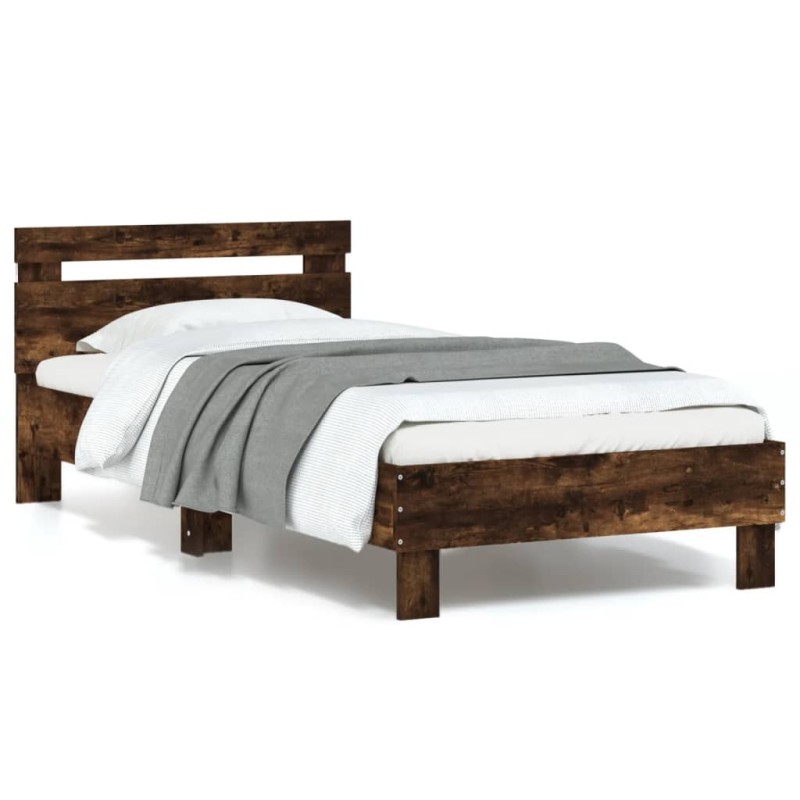 vidaXL Estructura de cama cabecero luces LED roble ahumado 90x190 cm vidaXL Estructura de cama cabecero luces LED roble ahumado 90x190 cm