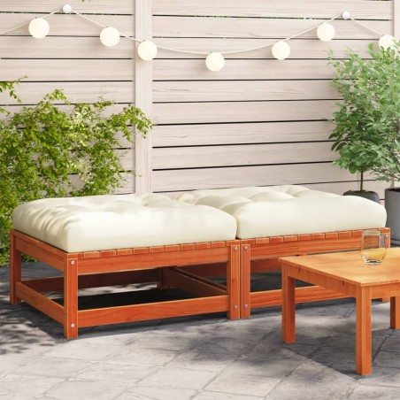 vidaXL Reposapiés jardín cojines 2 uds madera maciza pino marrón cera