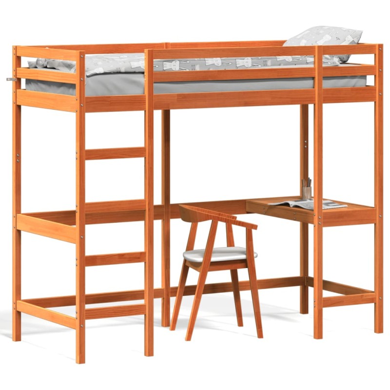 vidaXL Cama alta con escritorio madera maciza pino marrón 80x200 cm vidaXL Cama alta con escritorio madera maciza pino marrón 80x200 cm