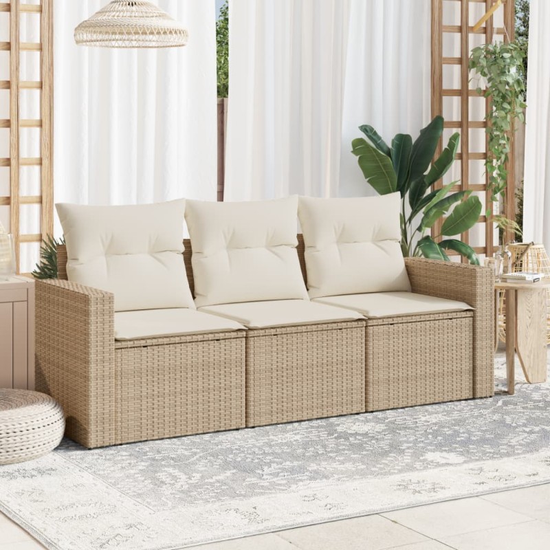 vidaXL Juego de sofás de jardín con cojines beige 3 pzas ratán PE vidaXL Juego de sofás de jardín con cojines beige 3 pzas ratán PE