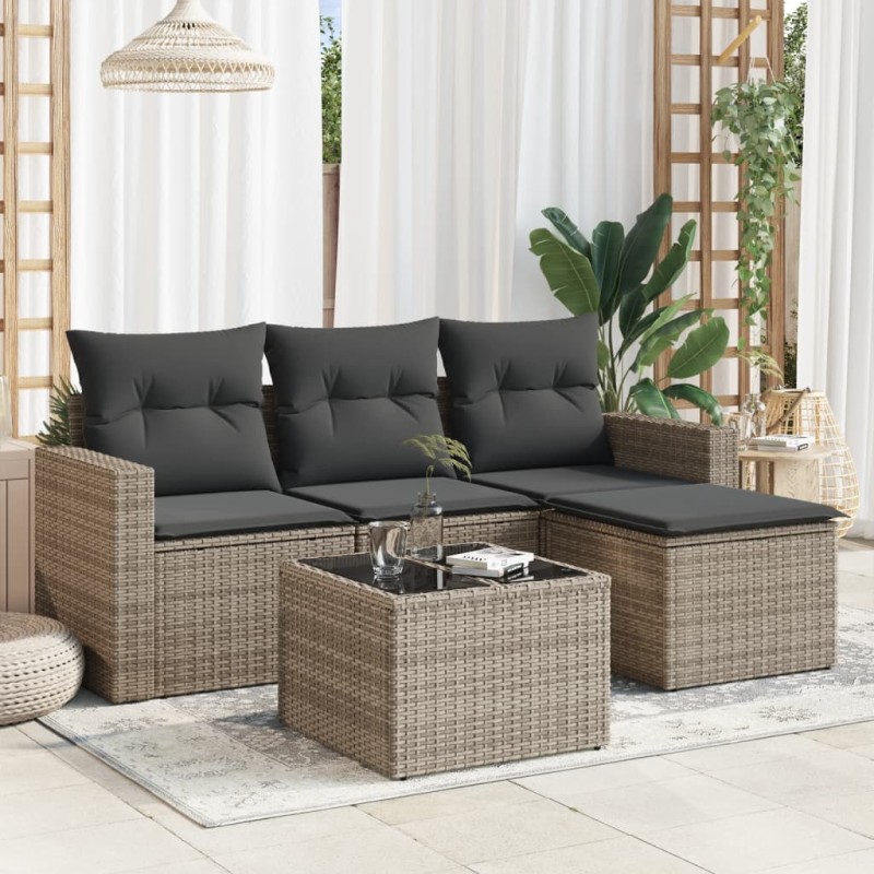 vidaXL Juego de sofás jardín con cojines 5 pzas ratán sintético gris vidaXL Juego de sofás jardín con cojines 5 pzas ratán sintético gris