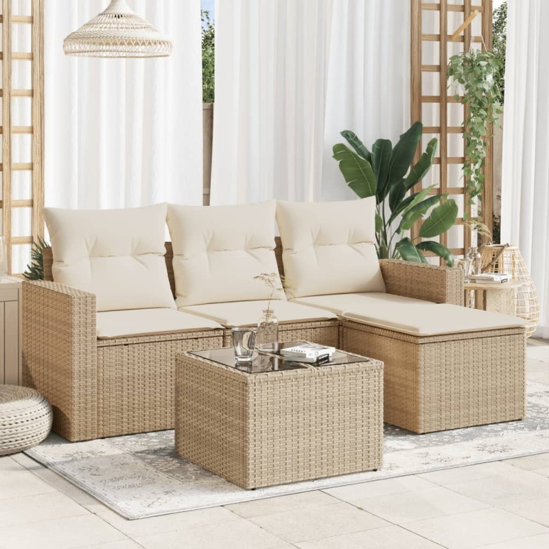vidaXL Juego de sofás jardín con cojines 5 pzas ratán sintético beige vidaXL Juego de sofás jardín con cojines 5 pzas ratán sintético beige