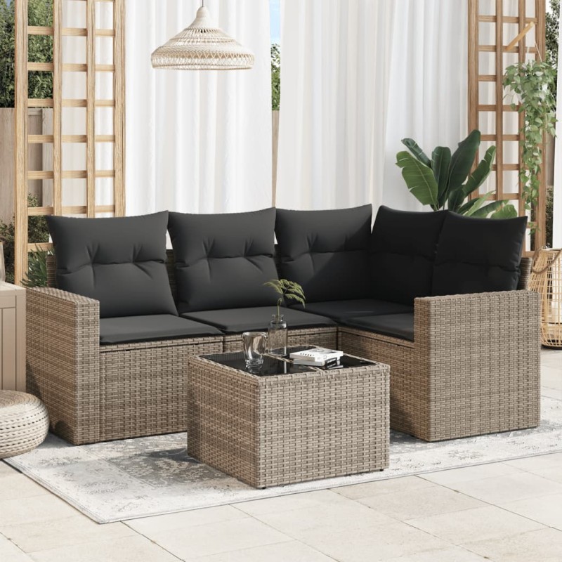 vidaXL Juego de sofás jardín con cojines 5 pzas ratán sintético gris vidaXL Juego de sofás jardín con cojines 5 pzas ratán sintético gris
