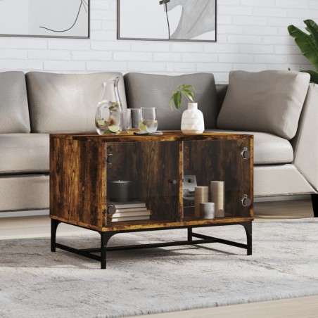 vidaXL Mesa de centro puertas de vidrio roble ahumado 68,5x50x50 cm