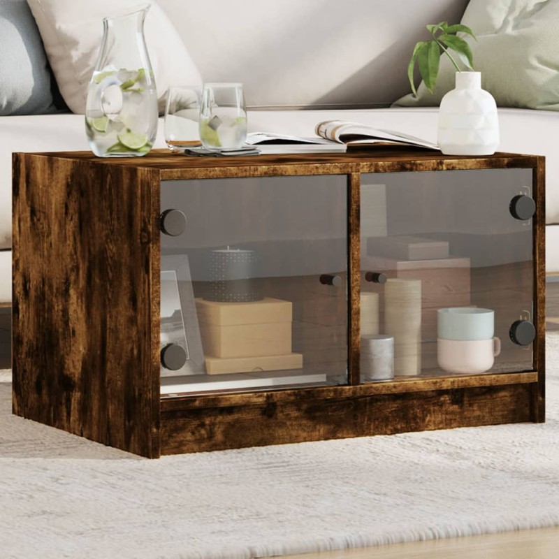 vidaXL Mesa de centro con puertas de vidrio roble ahumado 68x50x42 cm vidaXL Mesa de centro con puertas de vidrio roble ahumado 68x50x42 cm