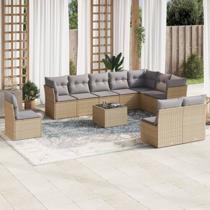 vidaXL Set de sofás de jardín 11pzas con cojines ratán sintético beige vidaXL Set de sofás de jardín 11pzas con cojines ratán sintético beige
