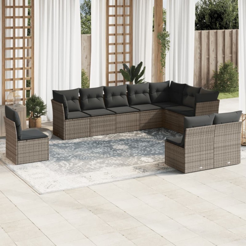vidaXL Set de sofás de jardín 10 pzas con cojines ratán sintético gris vidaXL Set de sofás de jardín 10 pzas con cojines ratán sintético gris