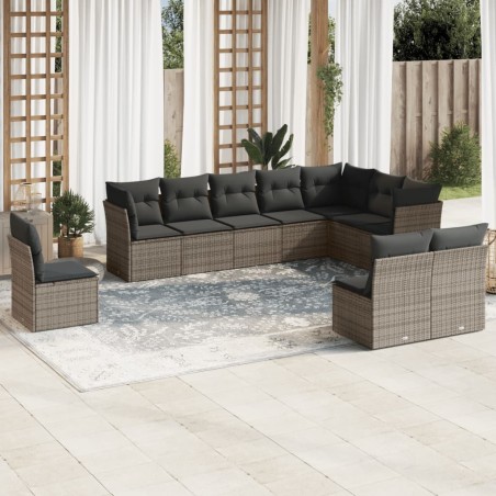 vidaXL Set de sofás de jardín 10 pzas con cojines ratán sintético gris