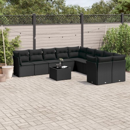 vidaXL Set de sofás de jardín 11 pzas y cojines ratán sintético negro