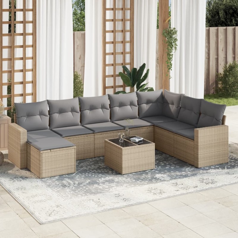 vidaXL Set de sofás de jardín 9 pzas con cojines ratán sintético beige vidaXL Set de sofás de jardín 9 pzas con cojines ratán sintético beige