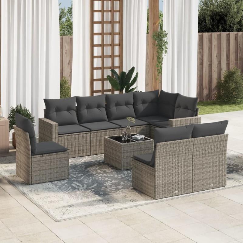 vidaXL Set de muebles de jardín 9 pzas y cojines ratán sintético gris vidaXL Set de muebles de jardín 9 pzas y cojines ratán sintético gris