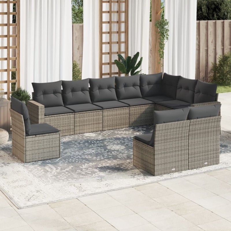 vidaXL Set de sofás de jardín 10 pzas con cojines ratán sintético gris vidaXL Set de sofás de jardín 10 pzas con cojines ratán sintético gris