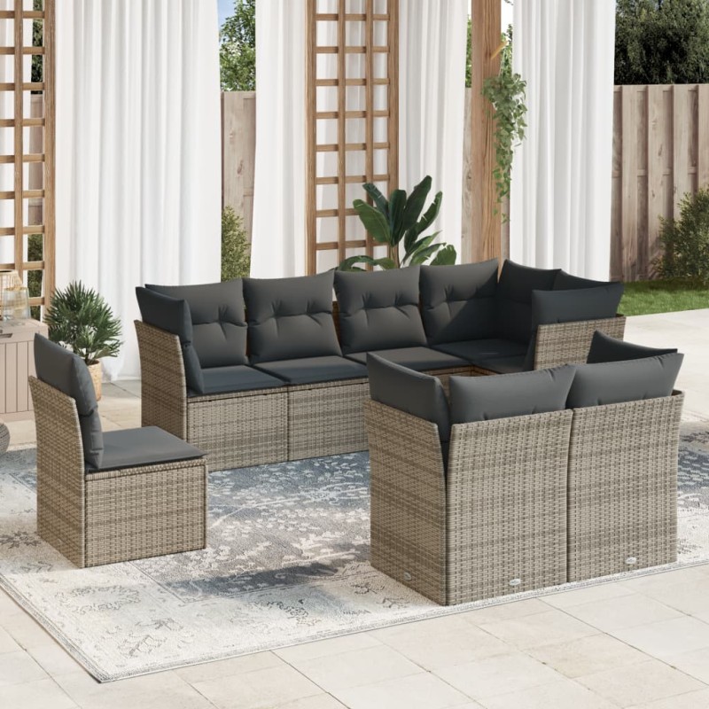 vidaXL Set de sofás de jardín 8 pzas y cojines ratán sintético gris vidaXL Set de sofás de jardín 8 pzas y cojines ratán sintético gris