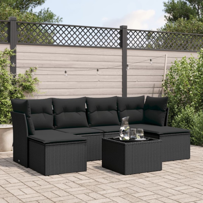 vidaXL Set de comedor de jardín 7 pzas y cojines ratán sintético negro vidaXL Set de comedor de jardín 7 pzas y cojines ratán sintético negro