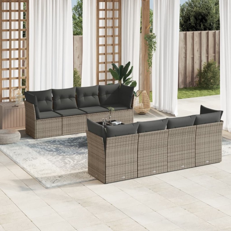 vidaXL Set de muebles de jardín 9 pzas y cojines ratán sintético gris vidaXL Set de muebles de jardín 9 pzas y cojines ratán sintético gris