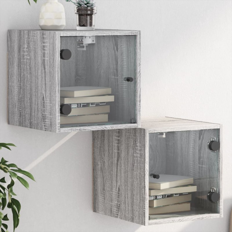 vidaXL Mesitas noche con puertas vidrio 2 uds gris Sonoma 35x37x35 cm vidaXL Mesitas noche con puertas vidrio 2 uds gris Sonoma 35x37x35 cm
