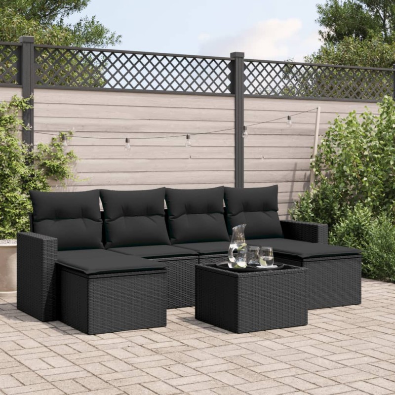 vidaXL Set de comedor de jardín 7 pzas y cojines ratán sintético negro vidaXL Set de comedor de jardín 7 pzas y cojines ratán sintético negro
