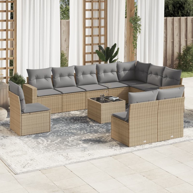 vidaXL Set de sofás de jardín 11pzas con cojines ratán sintético beige vidaXL Set de sofás de jardín 11pzas con cojines ratán sintético beige