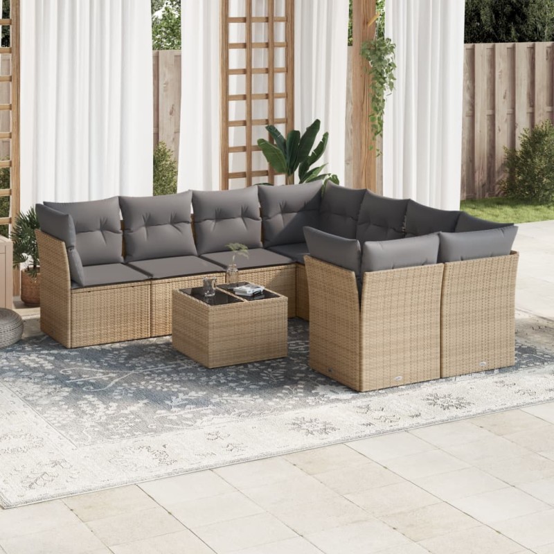 vidaXL Set de sofás de jardín 9 pzas con cojines ratán sintético beige vidaXL Set de sofás de jardín 9 pzas con cojines ratán sintético beige