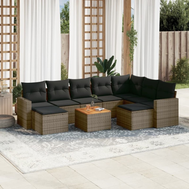 vidaXL Set de sofás de jardín 10 pzas con cojines ratán sintético gris vidaXL Set de sofás de jardín 10 pzas con cojines ratán sintético gris