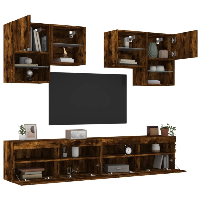 vidaXL Muebles de TV de pared con luces LED 6 piezas roble ahumado vidaXL Muebles de TV de pared con luces LED 6 piezas roble ahumado