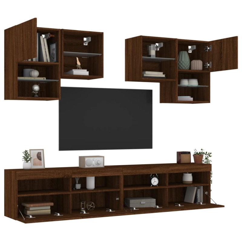 vidaXL Muebles de TV de pared con luces LED 6 piezas marrón roble vidaXL Muebles de TV de pared con luces LED 6 piezas marrón roble