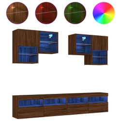 vidaXL Muebles de TV de pared con luces LED 6 piezas marrón roble