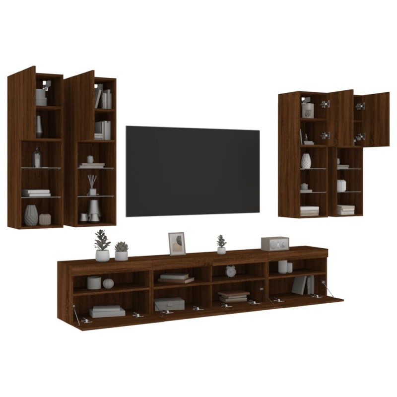 vidaXL Muebles de TV de pared con luces LED 7 piezas marrón roble vidaXL Muebles de TV de pared con luces LED 7 piezas marrón roble
