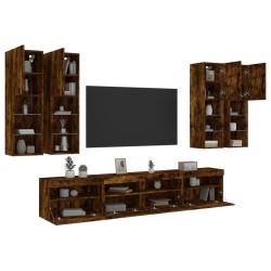 vidaXL Muebles de TV de pared con luces LED 7 piezas roble ahumado