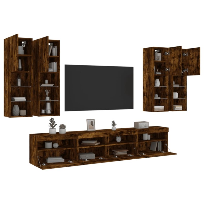 vidaXL Muebles de TV de pared con luces LED 7 piezas roble ahumado vidaXL Muebles de TV de pared con luces LED 7 piezas roble ahumado