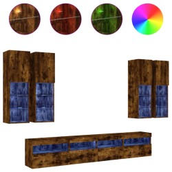 vidaXL Muebles de TV de pared con luces LED 7 piezas roble ahumado