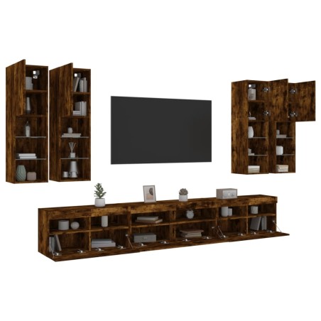 vidaXL Muebles de TV de pared con luces LED 7 piezas roble ahumado