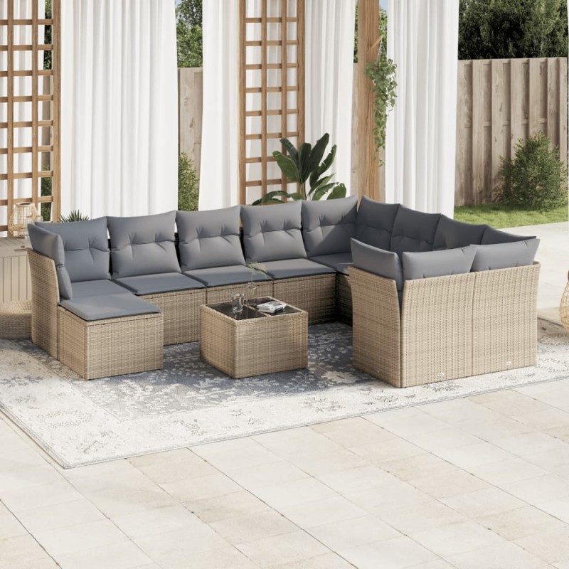 vidaXL Set de sofás de jardín 11pzas con cojines ratán sintético beige vidaXL Set de sofás de jardín 11pzas con cojines ratán sintético beige