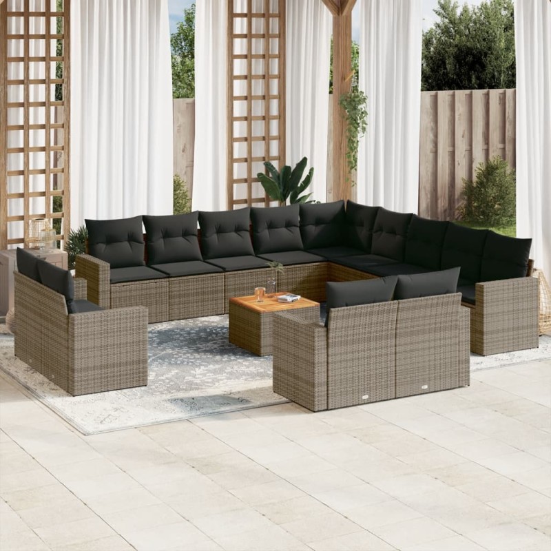 vidaXL Set de sofás de jardín 14 pzas con cojines ratán sintético gris vidaXL Set de sofás de jardín 14 pzas con cojines ratán sintético gris
