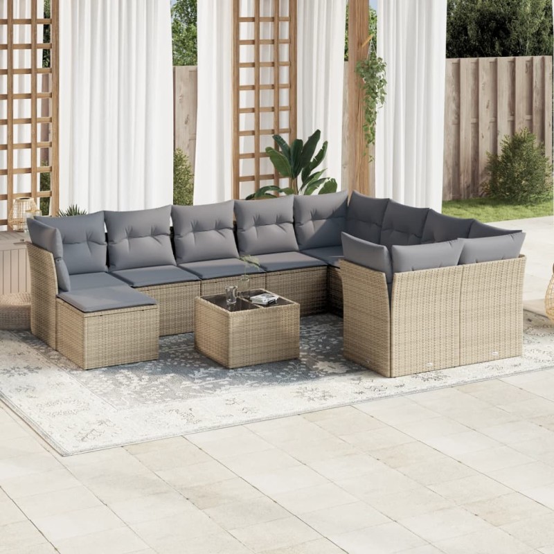 vidaXL Set de sofás de jardín 11pzas con cojines ratán sintético beige vidaXL Set de sofás de jardín 11pzas con cojines ratán sintético beige