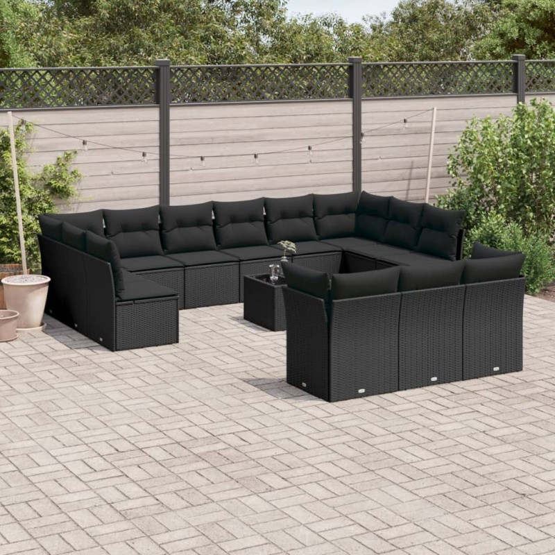 vidaXL Set sofás de jardín 14 pzas con cojines ratán sintético negro vidaXL Set sofás de jardín 14 pzas con cojines ratán sintético negro