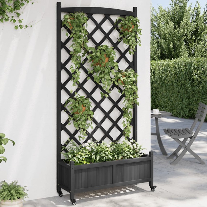 vidaXL Jardinera con enrejado y ruedas madera maciza de abeto negro vidaXL Jardinera con enrejado y ruedas madera maciza de abeto negro