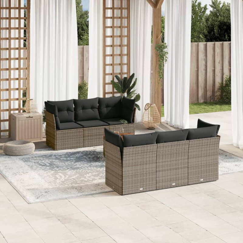 vidaXL Set de sofás de jardín 7 piezas con cojines ratán PE gris vidaXL Set de sofás de jardín 7 piezas con cojines ratán PE gris