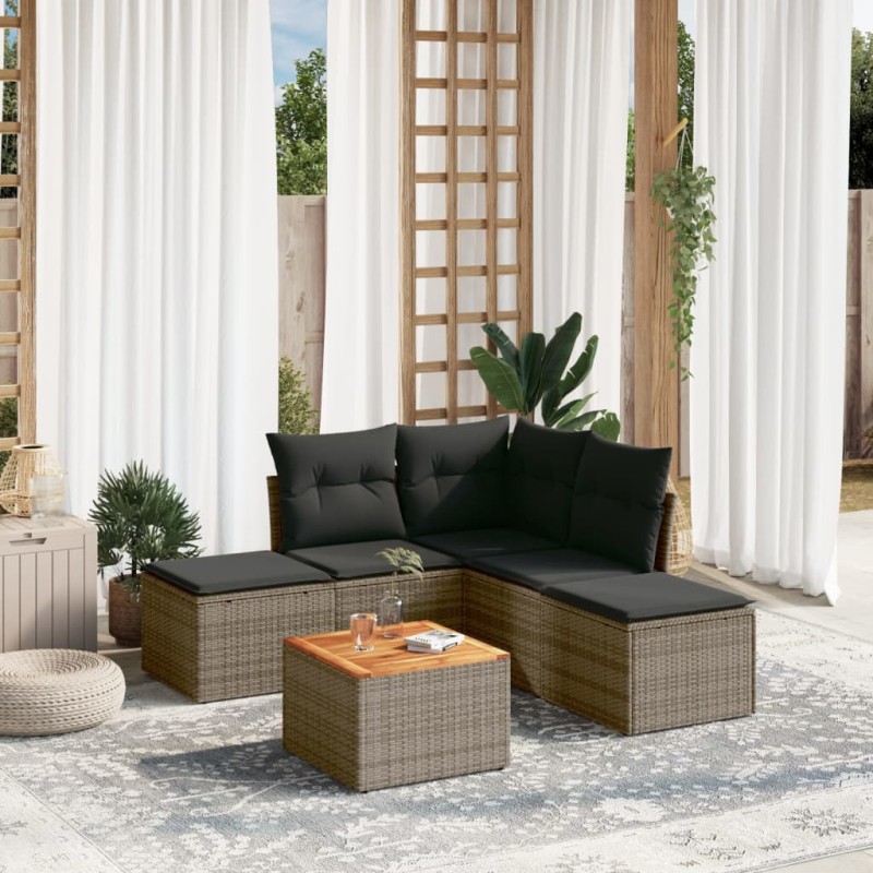 vidaXL Set de muebles de jardín 6 pzas y cojines ratán sintético gris vidaXL Set de muebles de jardín 6 pzas y cojines ratán sintético gris